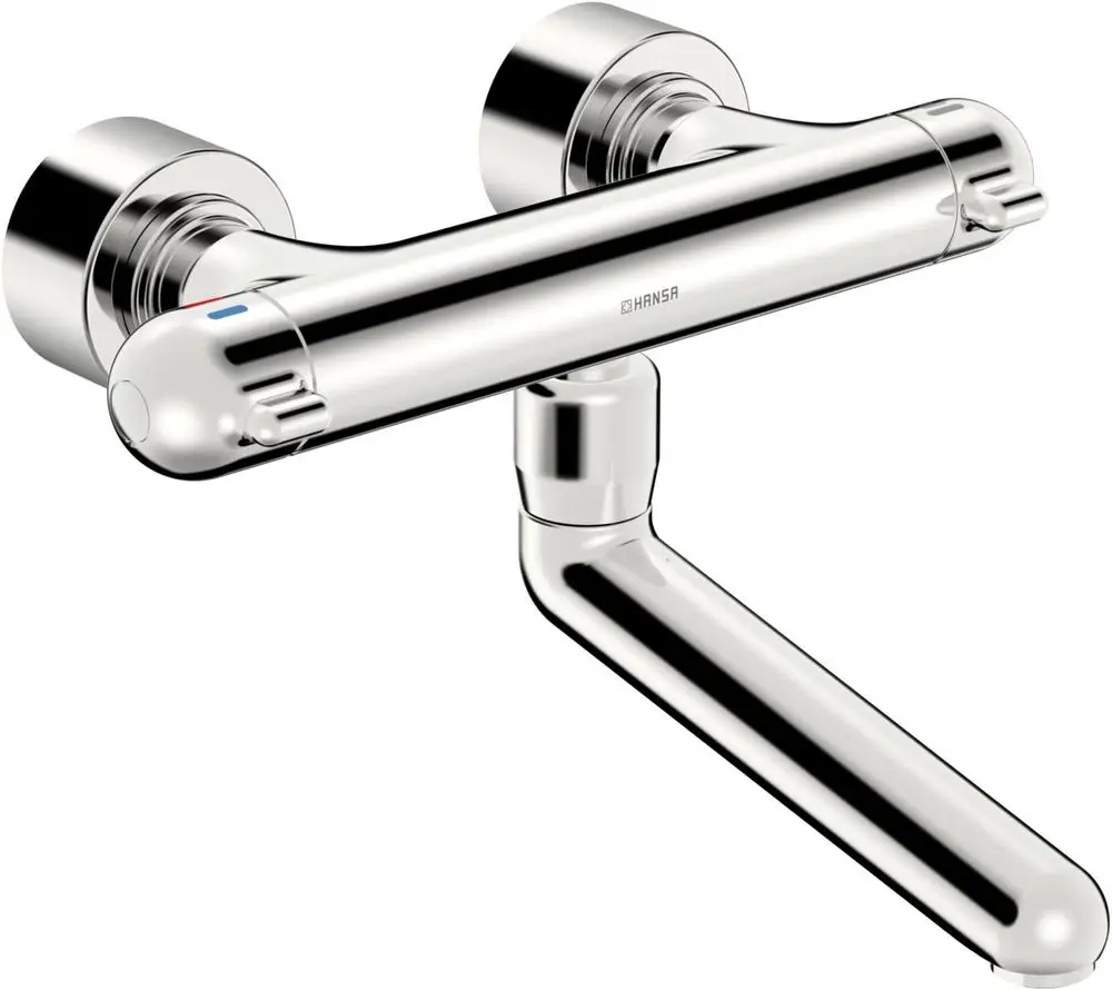 Waschtischbatterie von HANSA mit zwei Drehgriffen für Warm- und Kaltwasser, verchromte Oberfläche, ausladender Wasserhahn.